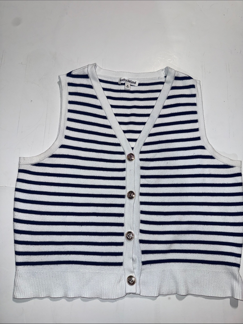 kathy ireland White & Navy Striped Button-Front Knit Vest